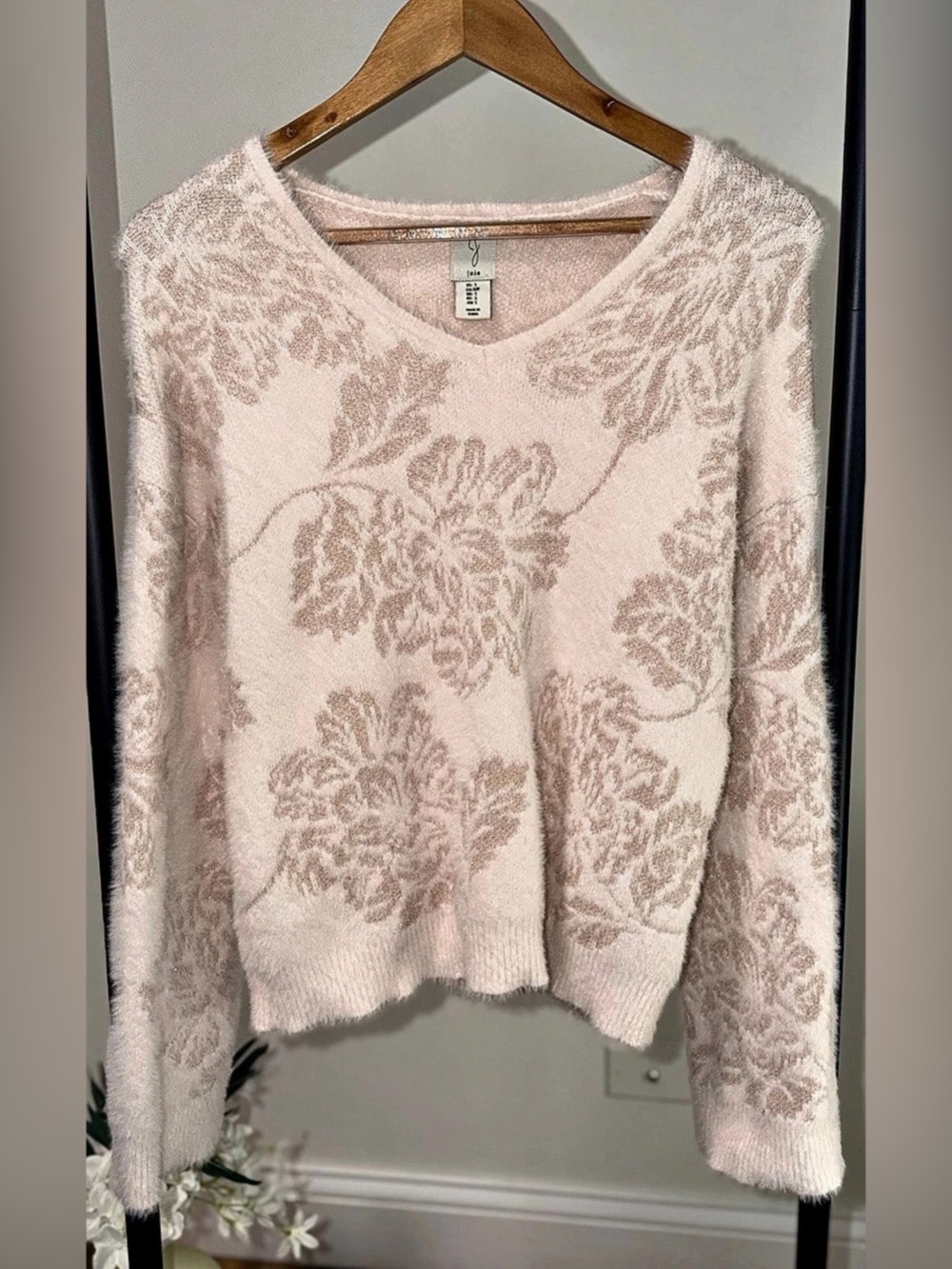 Joie Metallic Thread Shimmer Floral Fuzzy Knit Sweater Pink Shimmer Coquette S